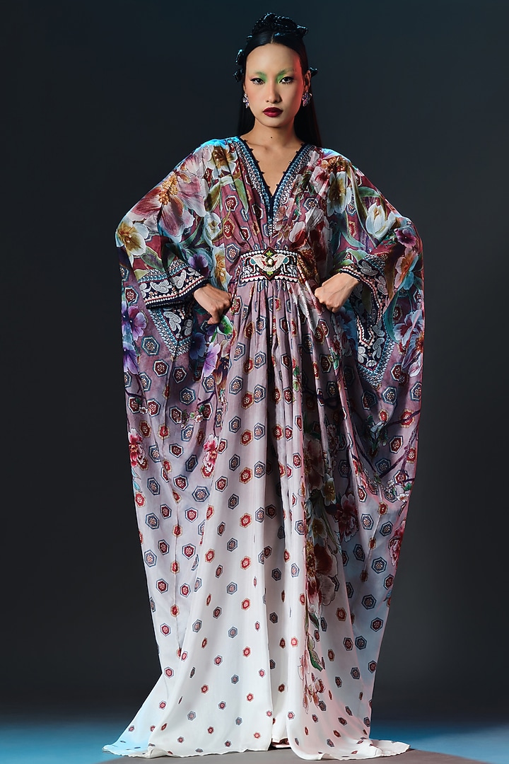 Brick Red & White Silk Printed Long Kaftan by Rajdeep Ranawat at Pernia's Pop Up Shop