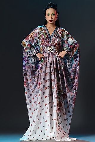 Brick Red & White Silk Printed Long Kaftan by Rajdeep Ranawat