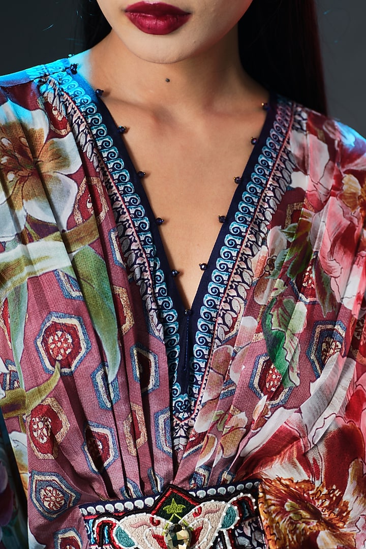 Brick Red & White Silk Printed Long Kaftan by Rajdeep Ranawat at Pernia's Pop Up Shop