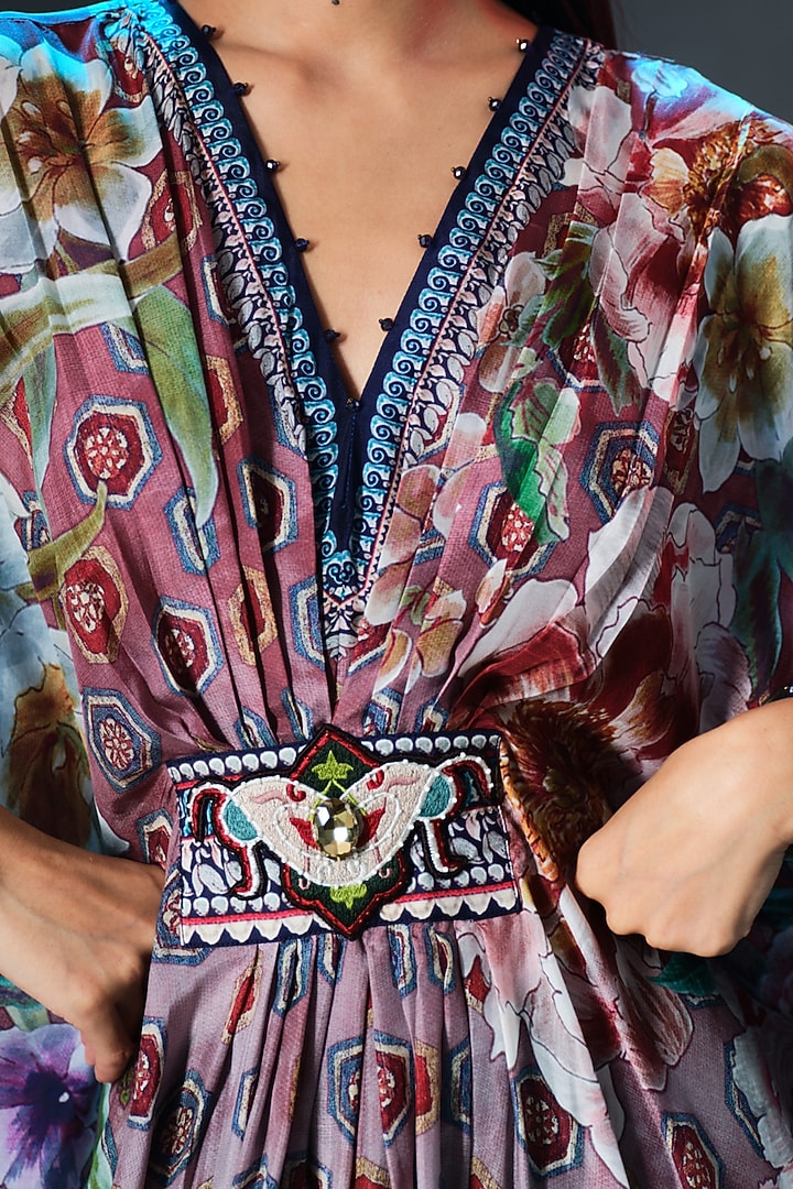 Brick Red & White Silk Printed Long Kaftan by Rajdeep Ranawat at Pernia's Pop Up Shop