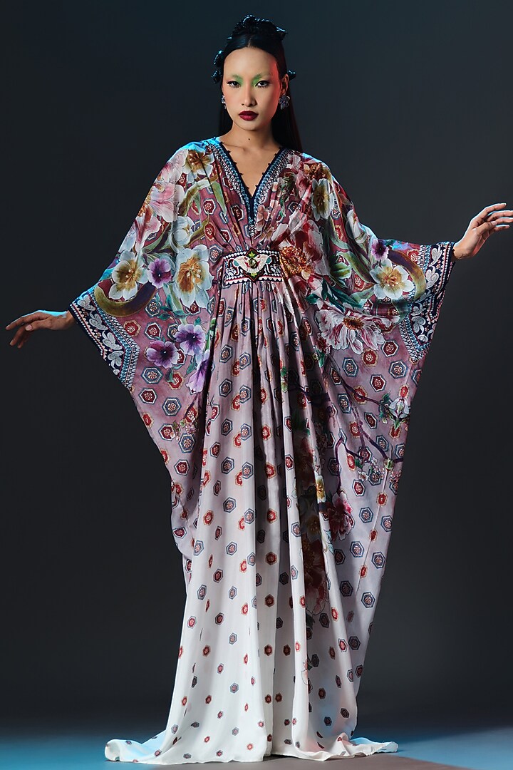 Brick Red & White Silk Printed Long Kaftan by Rajdeep Ranawat at Pernia's Pop Up Shop