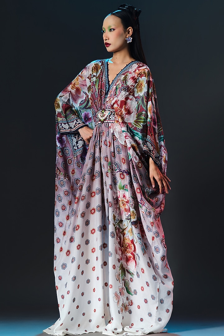 Brick Red & White Silk Printed Long Kaftan by Rajdeep Ranawat at Pernia's Pop Up Shop