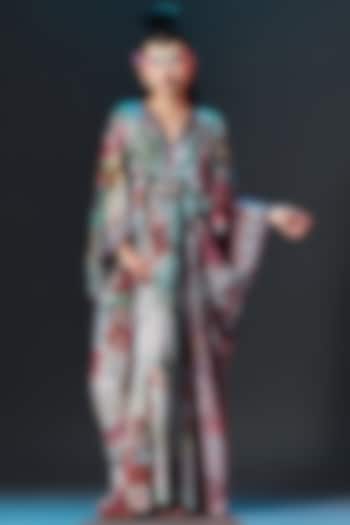 Beige & Sage Green Silk V-Neck Kaftan by Rajdeep Ranawat at Pernia's Pop Up Shop