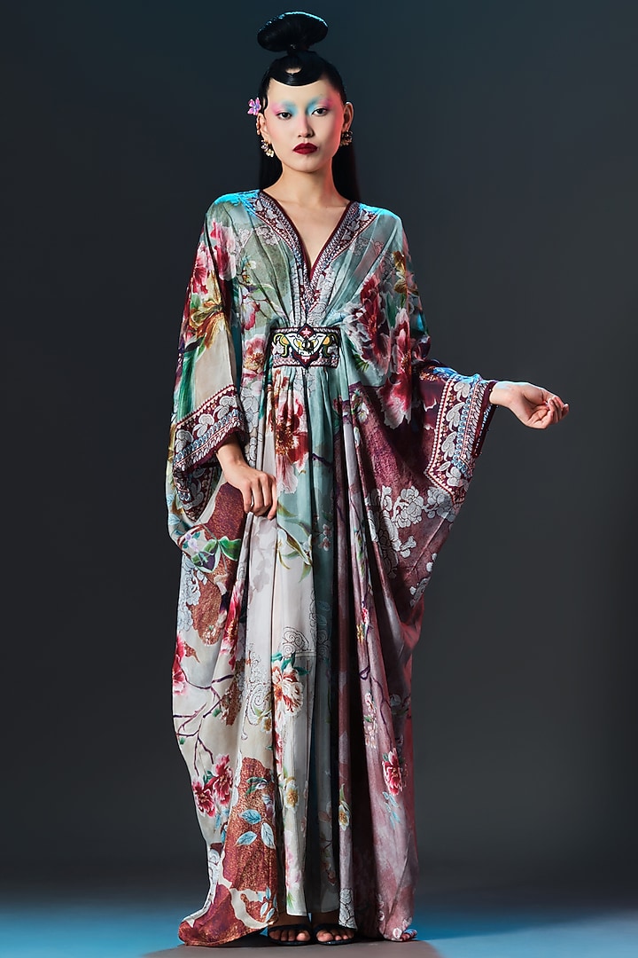 Beige & Sage Green Silk V-Neck Kaftan by Rajdeep Ranawat at Pernia's Pop Up Shop