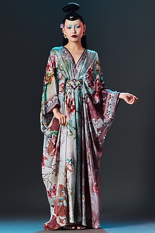 Beige & Sage Green Silk V-Neck Kaftan by Rajdeep Ranawat