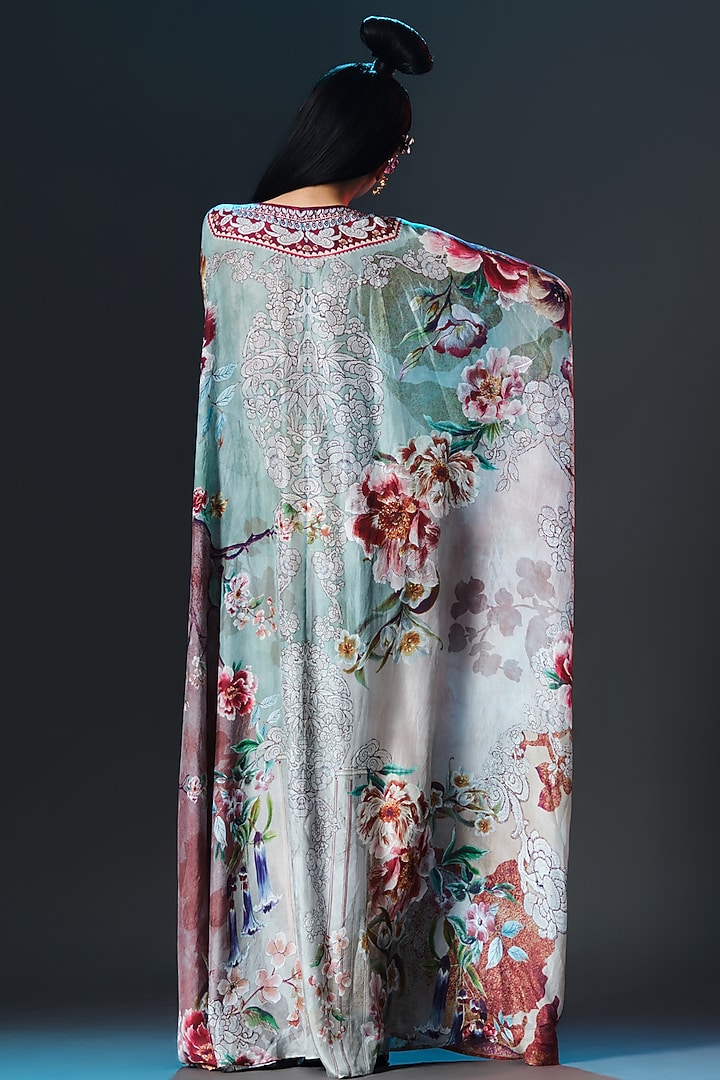 Beige & Sage Green Silk V-Neck Kaftan by Rajdeep Ranawat at Pernia's Pop Up Shop