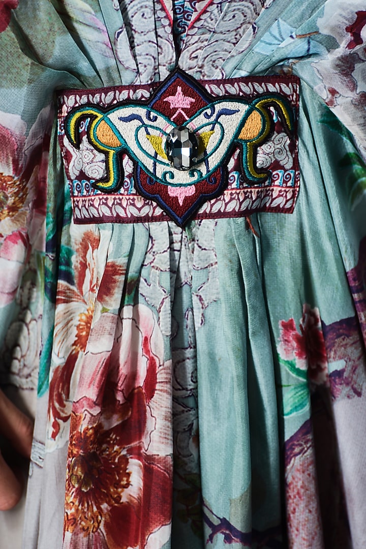 Beige & Sage Green Silk V-Neck Kaftan by Rajdeep Ranawat at Pernia's Pop Up Shop