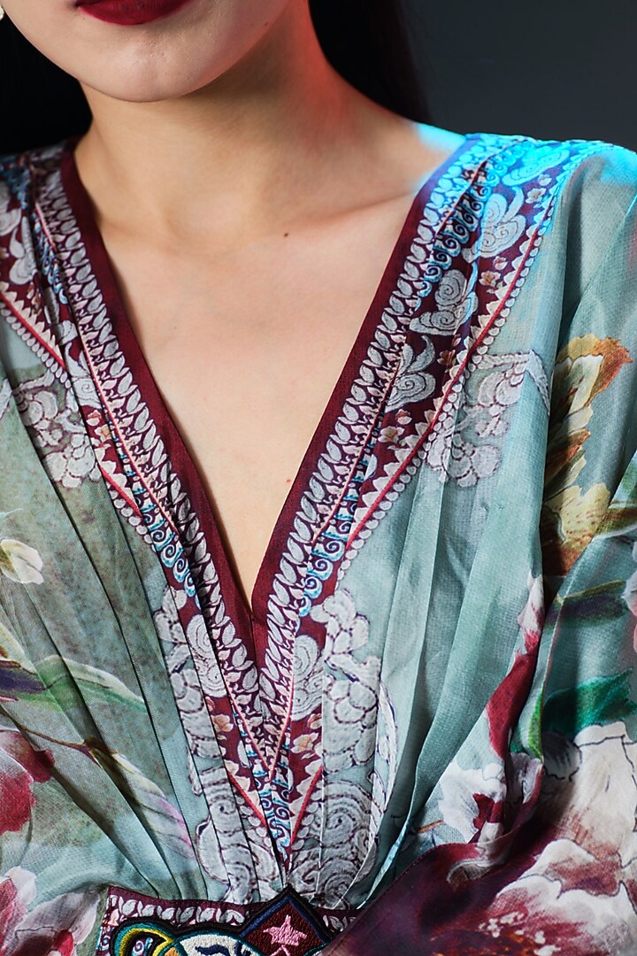 Beige & Sage Green Silk V-Neck Kaftan by Rajdeep Ranawat at Pernia's Pop Up Shop