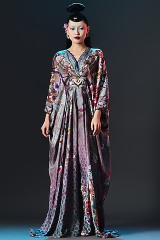 Multi-Colored Silk V-Neck Kaftan by Rajdeep Ranawat