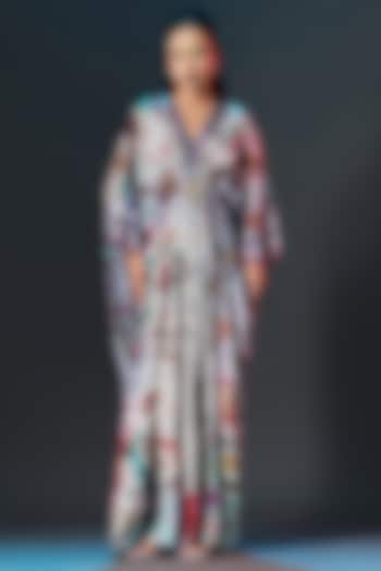 Beige & Slate Blue Silk V-Neck Kaftan by Rajdeep Ranawat at Pernia's Pop Up Shop