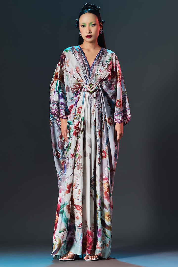 Beige & Slate Blue Silk V-Neck Kaftan by Rajdeep Ranawat at Pernia's Pop Up Shop