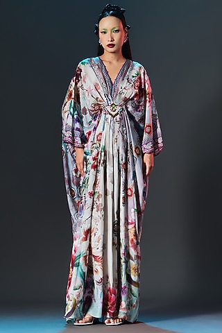Beige & Slate Blue Silk V-Neck Kaftan by Rajdeep Ranawat