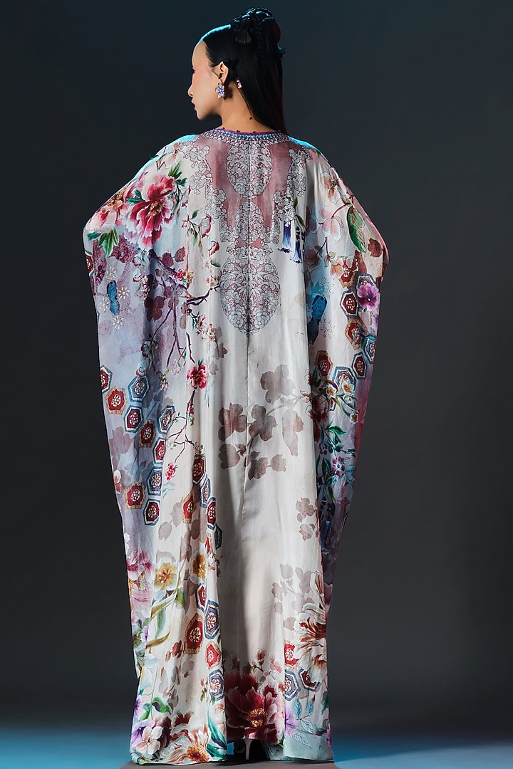 Beige & Slate Blue Silk V-Neck Kaftan by Rajdeep Ranawat at Pernia's Pop Up Shop