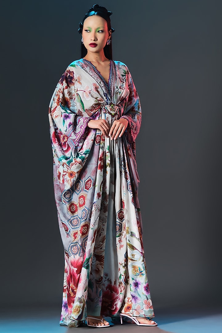 Beige & Slate Blue Silk V-Neck Kaftan by Rajdeep Ranawat at Pernia's Pop Up Shop