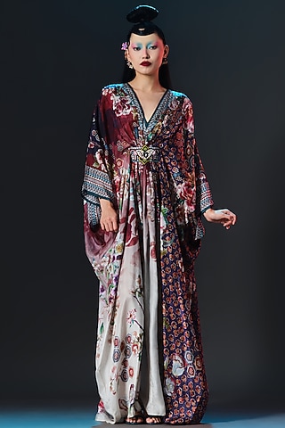 Multi-Colored Silk V-Neck Kaftan by Rajdeep Ranawat
