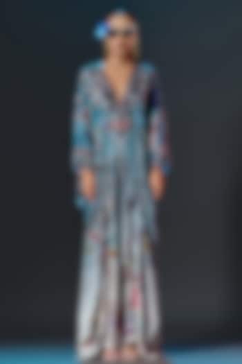 Slate Blue Silk V-Neck Kaftan by Rajdeep Ranawat at Pernia's Pop Up Shop