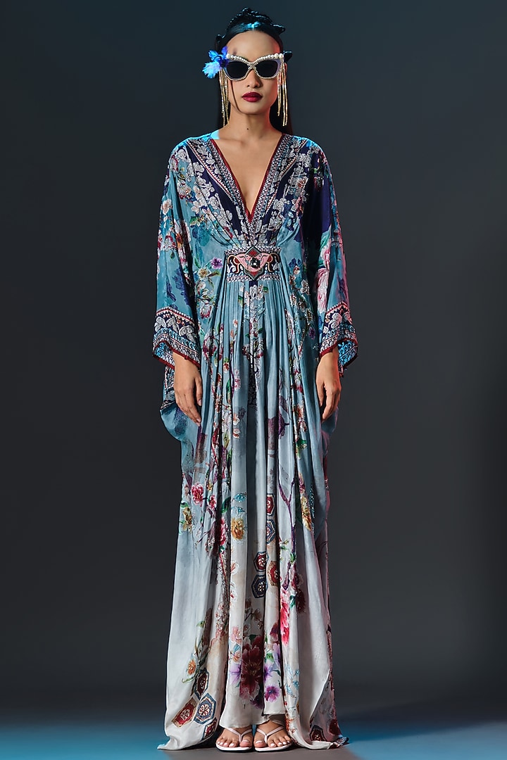 Slate Blue Silk V-Neck Kaftan by Rajdeep Ranawat at Pernia's Pop Up Shop