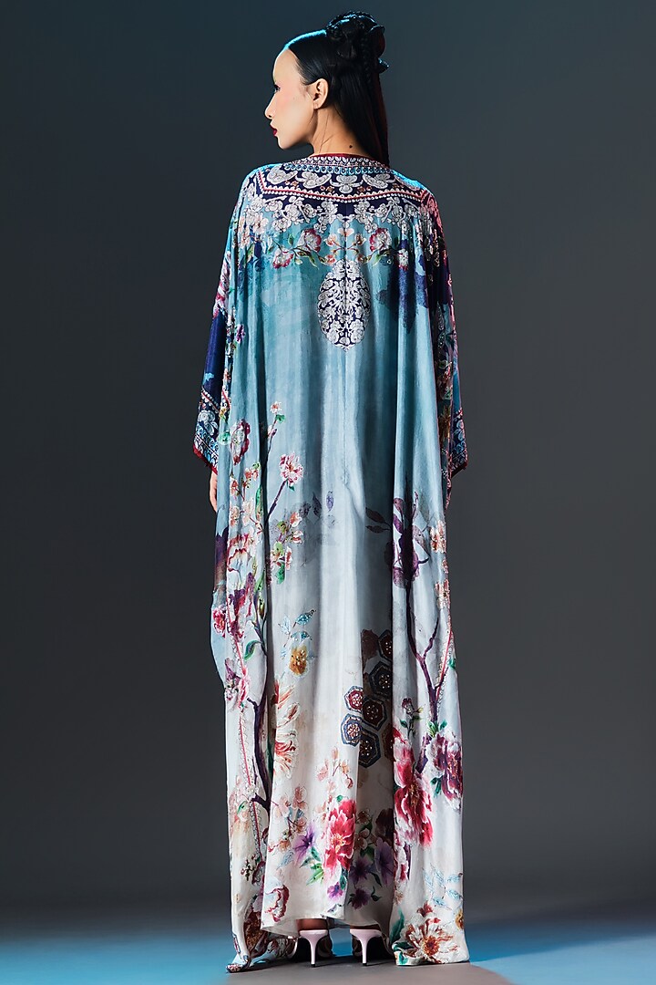 Slate Blue Silk V-Neck Kaftan by Rajdeep Ranawat at Pernia's Pop Up Shop