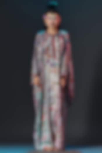 Beige & Sage Green Silk Crystalised Printed Boxy-Fit Kaftan by Rajdeep Ranawat at Pernia's Pop Up Shop