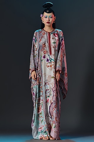 Beige & Sage Green Silk Crystalised Printed Boxy-Fit Kaftan by Rajdeep Ranawat