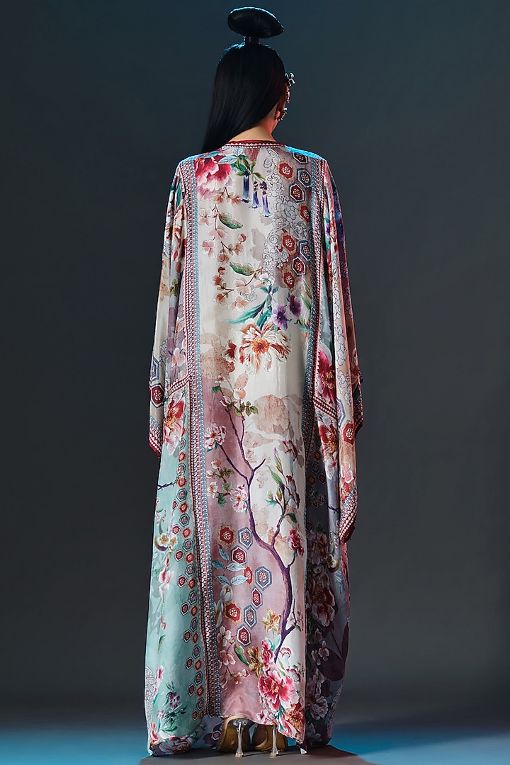Beige & Sage Green Silk Crystalised Printed Boxy-Fit Kaftan by Rajdeep Ranawat at Pernia's Pop Up Shop