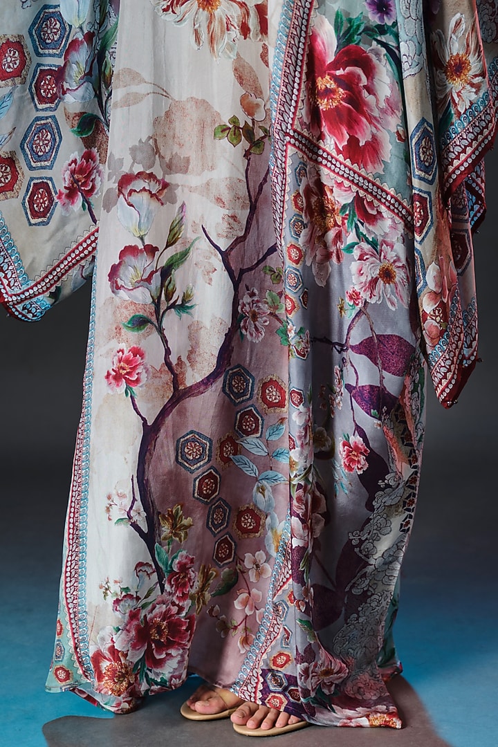 Beige & Sage Green Silk Crystalised Printed Boxy-Fit Kaftan by Rajdeep Ranawat at Pernia's Pop Up Shop