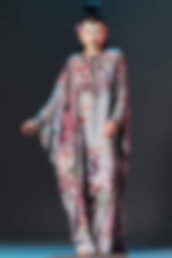 Taupe & Brick Red Silk Crystalised Printed Boxy-Fit Kaftan by Rajdeep Ranawat at Pernia's Pop Up Shop