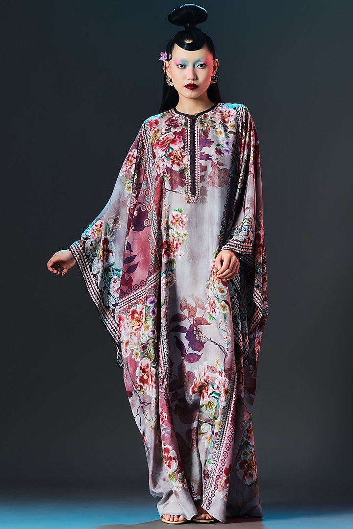 Taupe & Brick Red Silk Crystalised Printed Boxy-Fit Kaftan by Rajdeep Ranawat at Pernia's Pop Up Shop