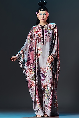 Taupe & Brick Red Silk Crystalised Printed Boxy-Fit Kaftan by Rajdeep Ranawat