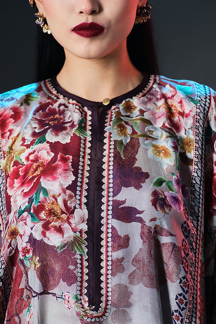 Taupe & Brick Red Silk Crystalised Printed Boxy-Fit Kaftan by Rajdeep Ranawat at Pernia's Pop Up Shop