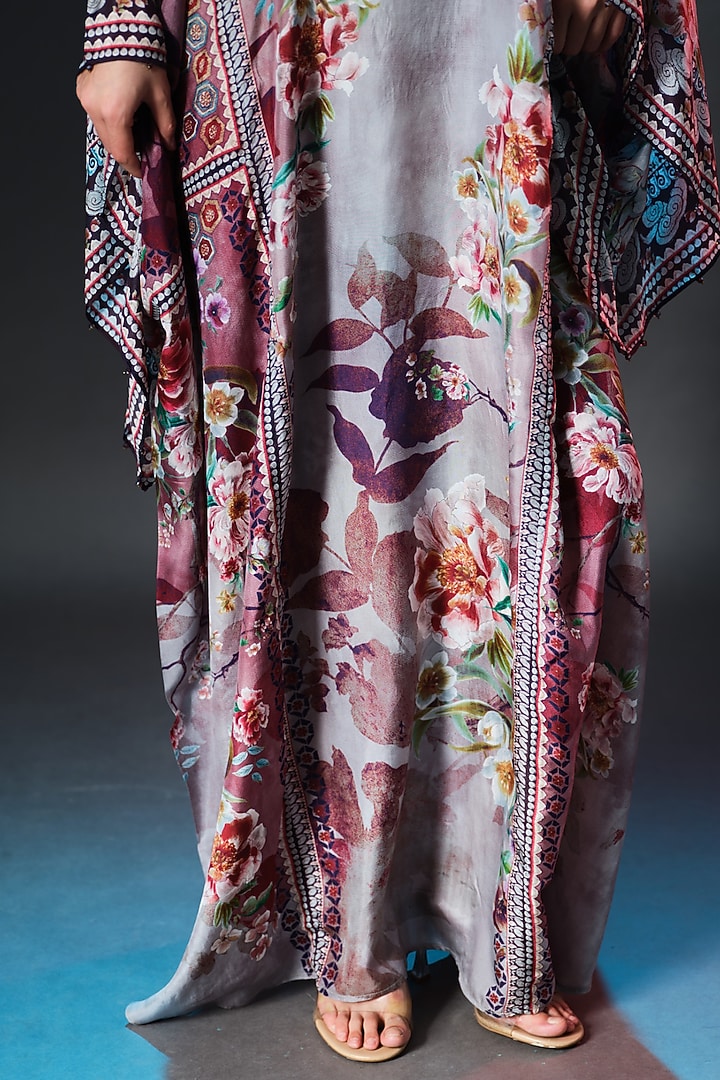 Taupe & Brick Red Silk Crystalised Printed Boxy-Fit Kaftan by Rajdeep Ranawat at Pernia's Pop Up Shop