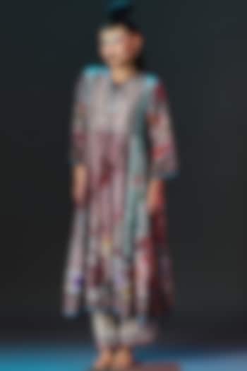 Brick Red & Sage Green Silk Printed Wedding Anarkali by Rajdeep Ranawat at Pernia's Pop Up Shop