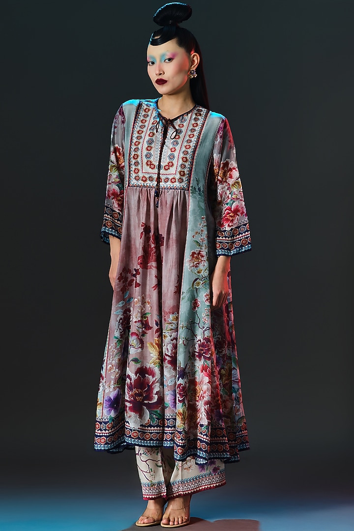 Brick Red & Sage Green Silk Printed Wedding Anarkali by Rajdeep Ranawat at Pernia's Pop Up Shop