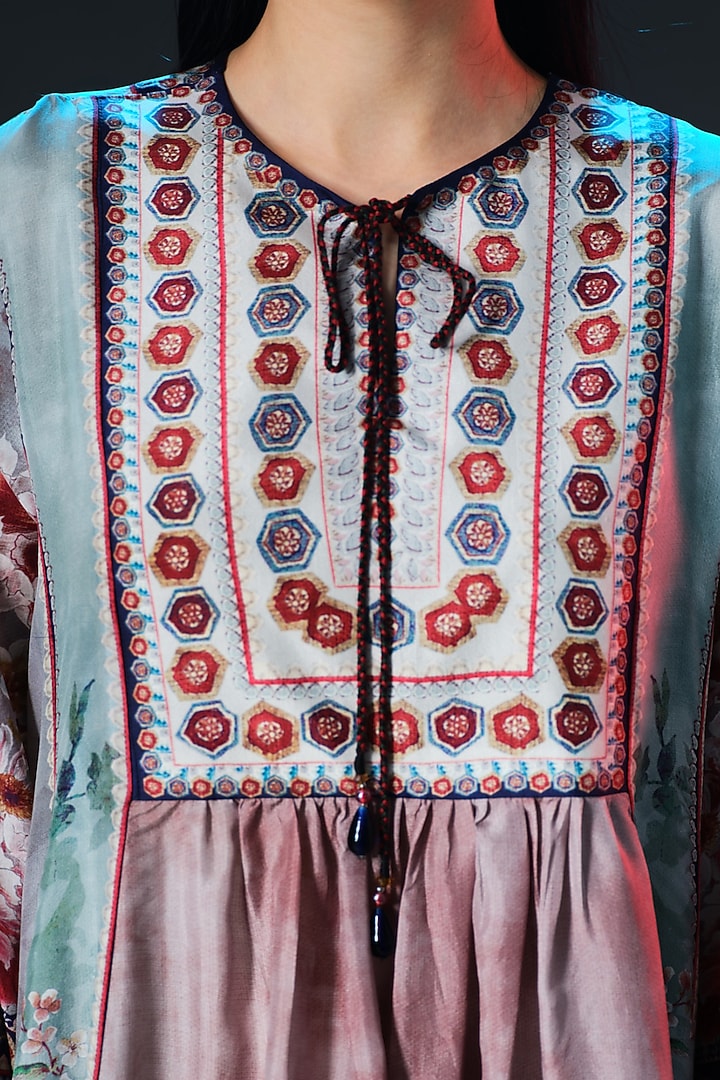 Brick Red & Sage Green Silk Printed Wedding Anarkali by Rajdeep Ranawat at Pernia's Pop Up Shop