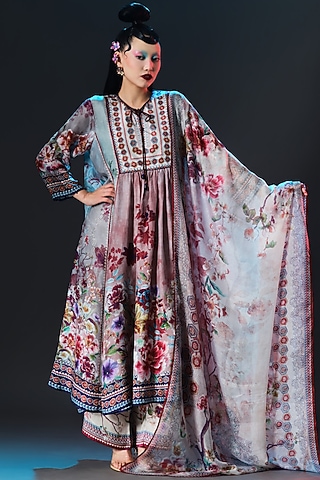 Brick Red & Sage Green Kota Silk Printed Dupatta by Rajdeep Ranawat