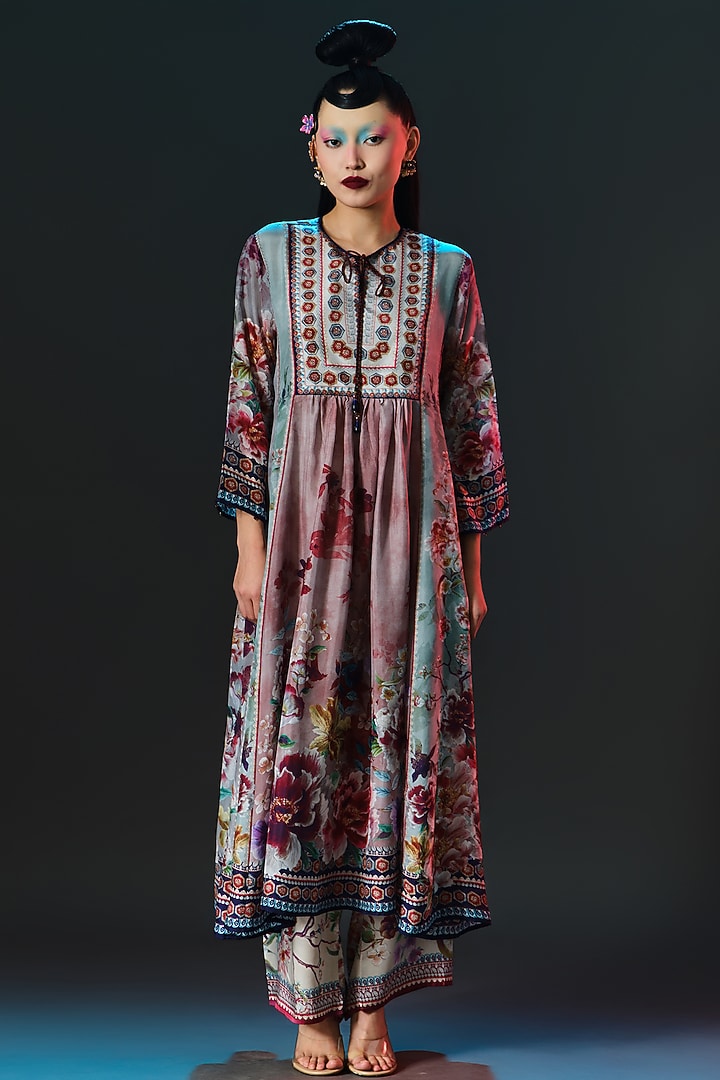 Brick Red & Sage Green Modal Satin Printed Pants by Rajdeep Ranawat at Pernia's Pop Up Shop