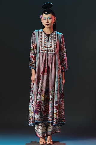 Brick Red & Sage Green Modal Satin Printed Pants by Rajdeep Ranawat