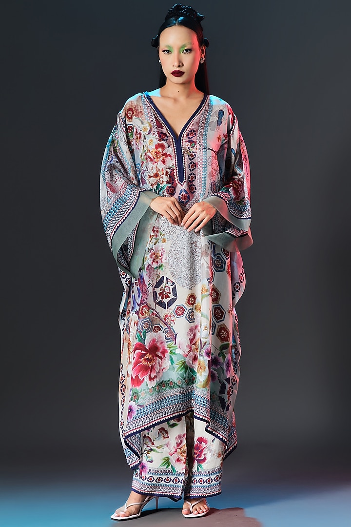 Beige Modal Satin Printed Pants by Rajdeep Ranawat at Pernia's Pop Up Shop