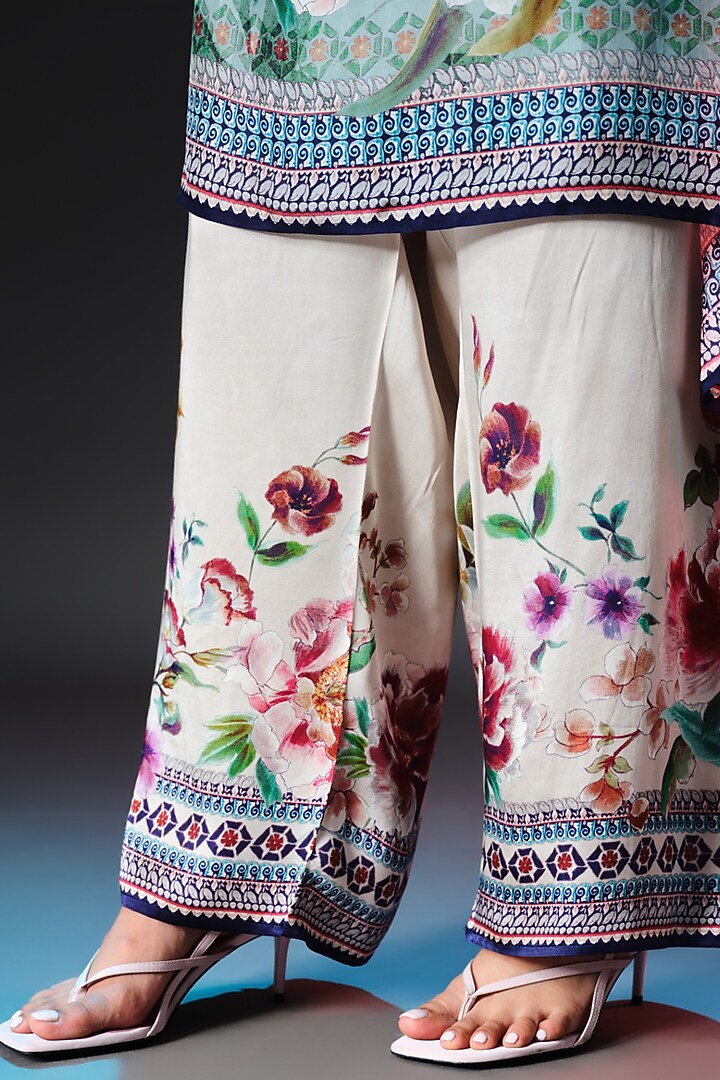 Beige Modal Satin Printed Pants by Rajdeep Ranawat at Pernia's Pop Up Shop