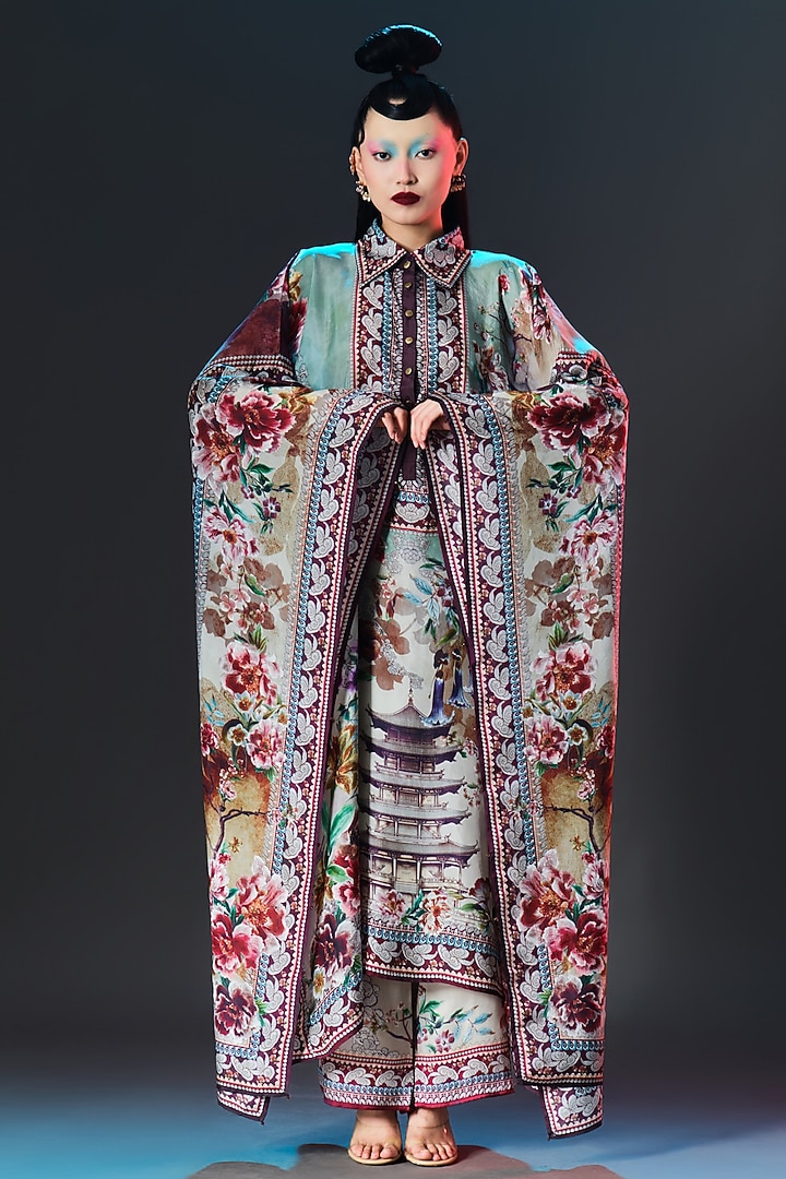 Sage Green & Beige Silk Kaftan by Rajdeep Ranawat at Pernia's Pop Up Shop