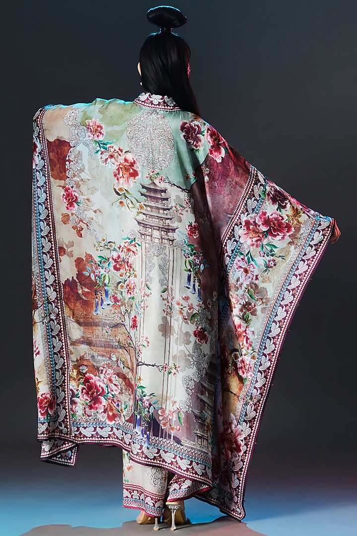 Sage Green & Beige Silk Kaftan by Rajdeep Ranawat at Pernia's Pop Up Shop