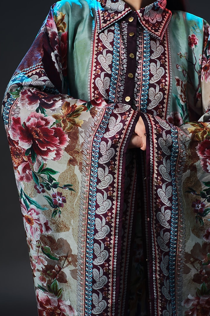 Sage Green & Beige Silk Kaftan by Rajdeep Ranawat at Pernia's Pop Up Shop