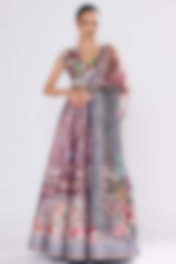 Multi-Colored Poly Dupion Printed & Embroidered Skirt Set by Rajdeep Ranawat at Pernia's Pop Up Shop