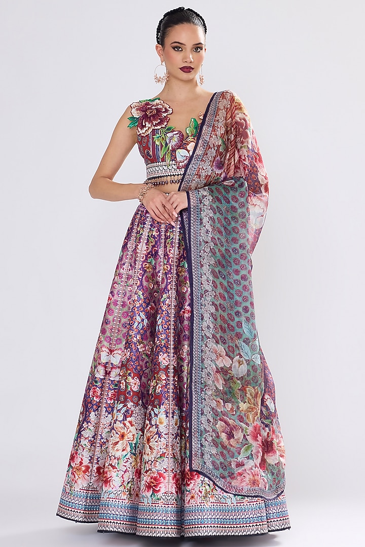 Multi-Colored Poly Dupion Printed & Embroidered Skirt Set by Rajdeep Ranawat at Pernia's Pop Up Shop