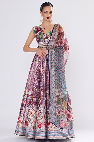 Multi-Colored Poly Dupion Printed & Embroidered Skirt Set by Rajdeep Ranawat