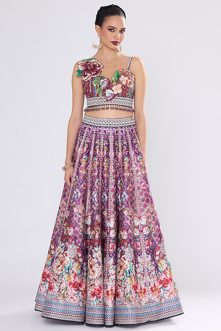Multi-Colored Poly Dupion Printed & Embroidered Skirt Set by Rajdeep Ranawat at Pernia's Pop Up Shop