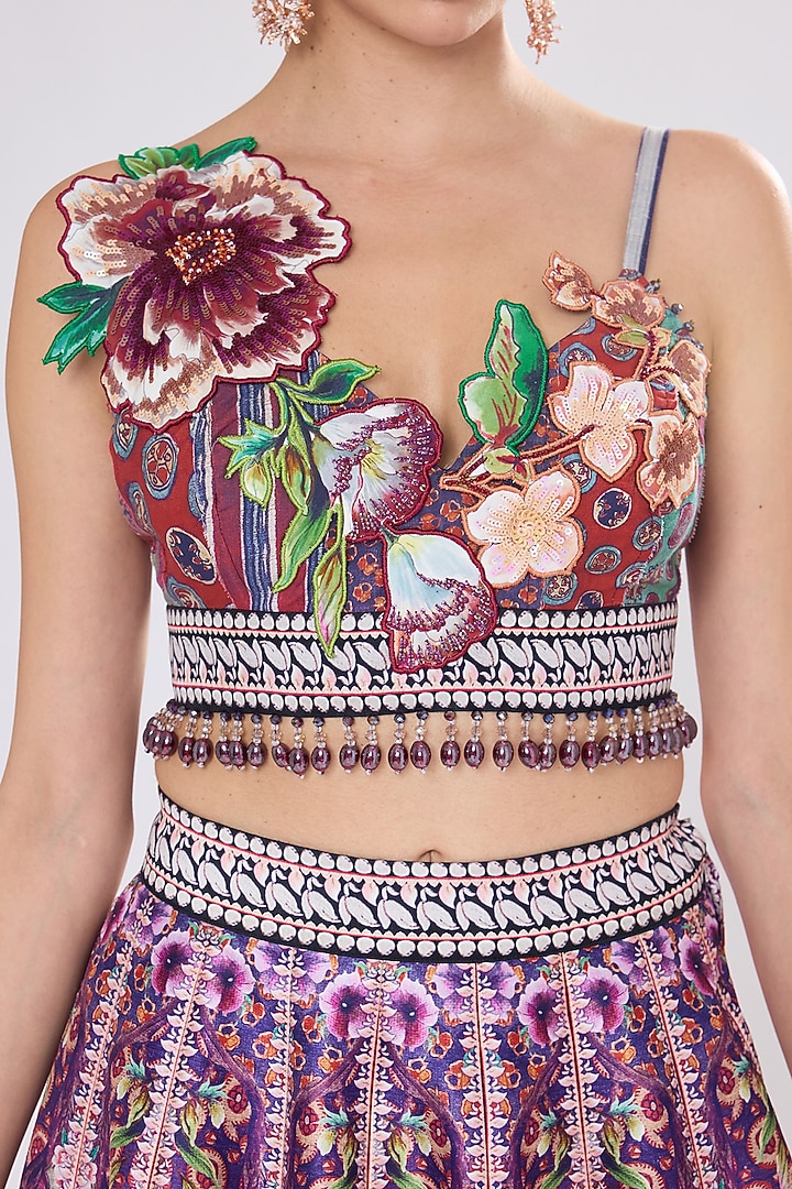Multi-Colored Poly Dupion Printed & Embroidered Skirt Set by Rajdeep Ranawat at Pernia's Pop Up Shop