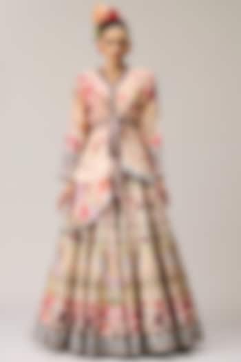 Beige Poly Dupion Crystalised Printed Skirt Set by Rajdeep Ranawat at Pernia's Pop Up Shop