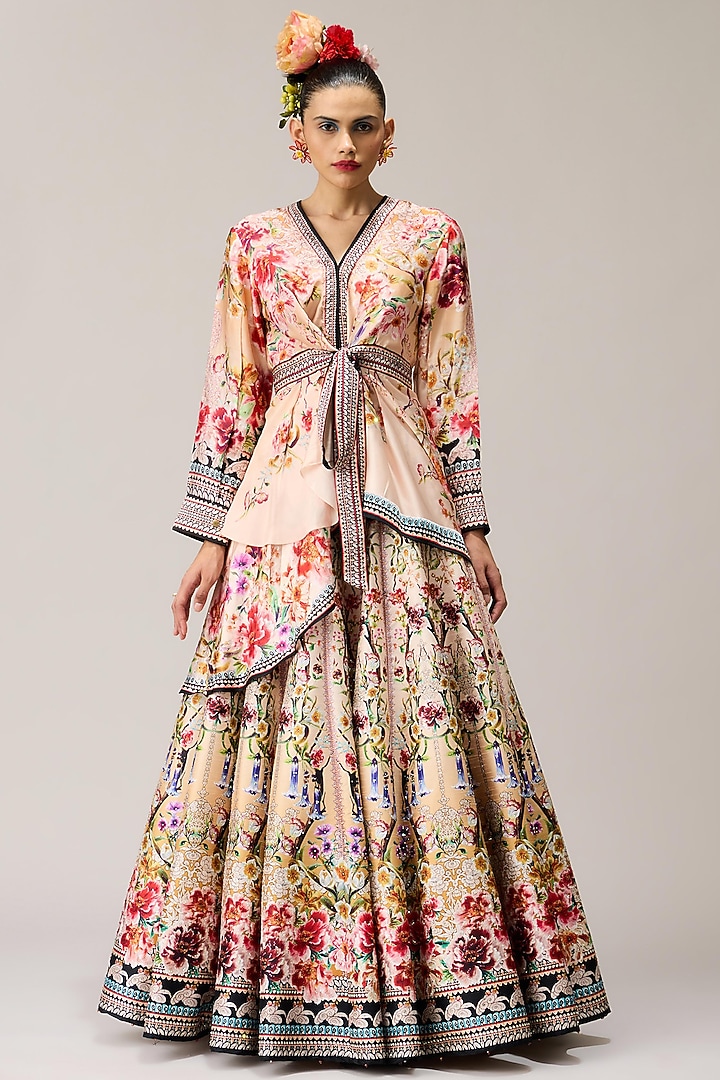 Beige Poly Dupion Crystalised Printed Skirt Set by Rajdeep Ranawat at Pernia's Pop Up Shop