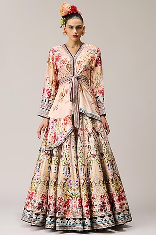 Beige Poly Dupion Crystalised Printed Skirt Set by Rajdeep Ranawat